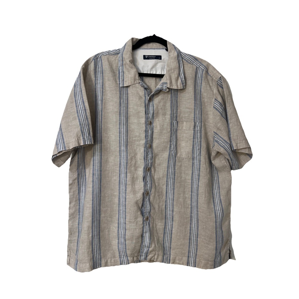 Cremieux Collection Linen Shirt XL Short Sleeve Button Down Blue Gray Striped